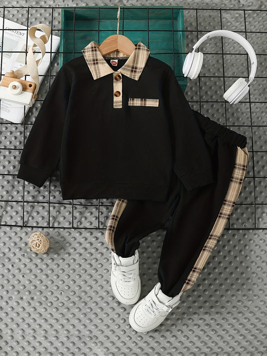 2pcs Boys Plaid Long Sleeve Sweatshirt&Sweatpants Sets Kids Clothes