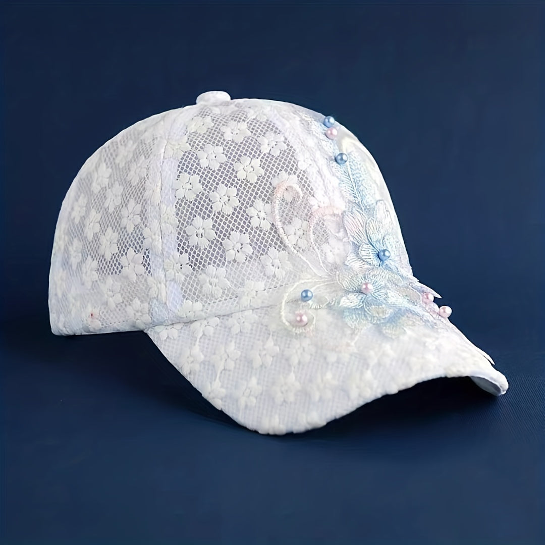 Flower Embroidery Mesh Trucker Hat Faux Pearl Decor Lace Baseball Cap