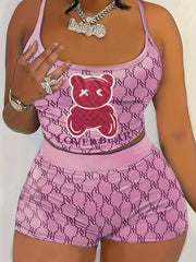 Women's Plus Two Piece Geometric & Bear Print Cami Top & Shorts Set