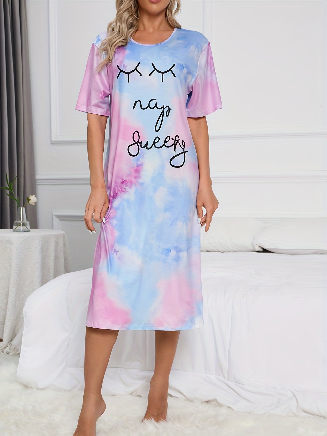 Tie Dye Letter Print Lounge Dress Short Sleeve Long Dress Women's Loungewear