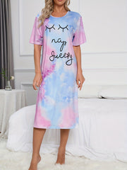 Tie Dye Letter Print Lounge Dress Short Sleeve Long Dress Women's Loungewear