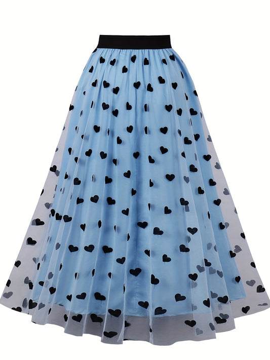 Heart Print Mesh Overlay Skirt for Women