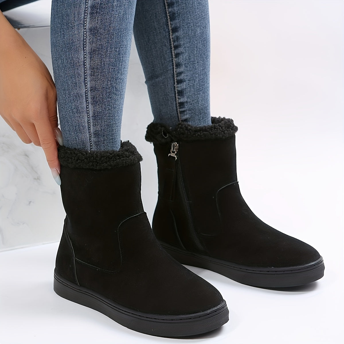 Solid Suede Snow Boots with Side Zipper