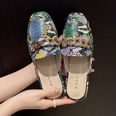Women's Crocodile Print Chain Mules Square Toe Slipper Shoes