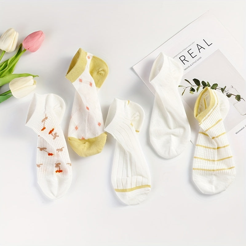 5 Pairs Floral & Striped Ankle Socks Breathable Lightweight Women's Stockings