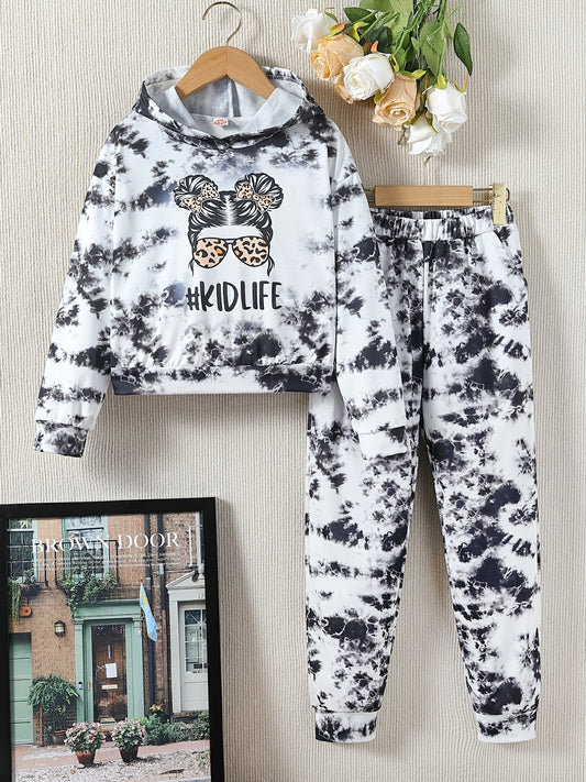 Girl's Marble Pattern 2pcs Hoodie & Sweatpants Set