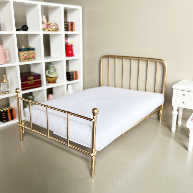 1:12 Dollhouse Iron Single Bed Set Pink Upholstery Nightstand Vintage De