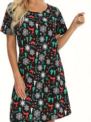  Christmas Nightdress Women's Plus Allover Print Short Sleeve Tee
