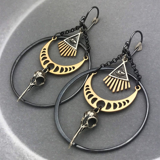 Vintage Moon Crow Evil Eye Big Hoop Earrings Exaggerated Punk Earrings