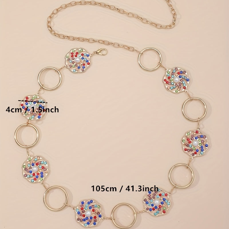 Boho Hollow Out Waist Chain Faux Pearl Rhinestone Decor Belt
