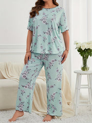  Pajamas Set Floral Print Contrast Trim Round Neck Tee & Pants