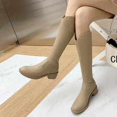 Women's Knee High Block Heel Boots - Faux Leather Booties