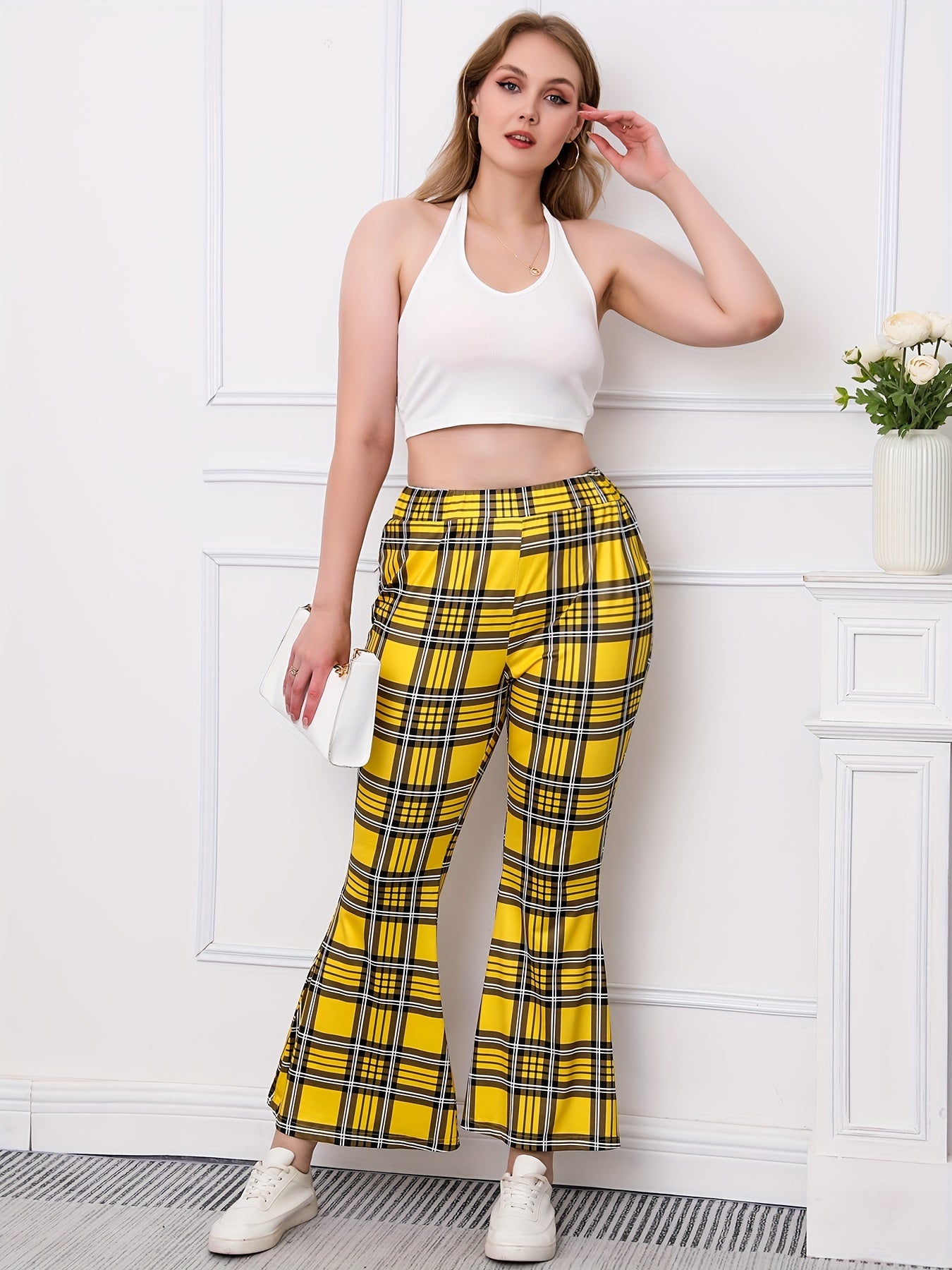  Plaid Print High Rise Flared Leggings