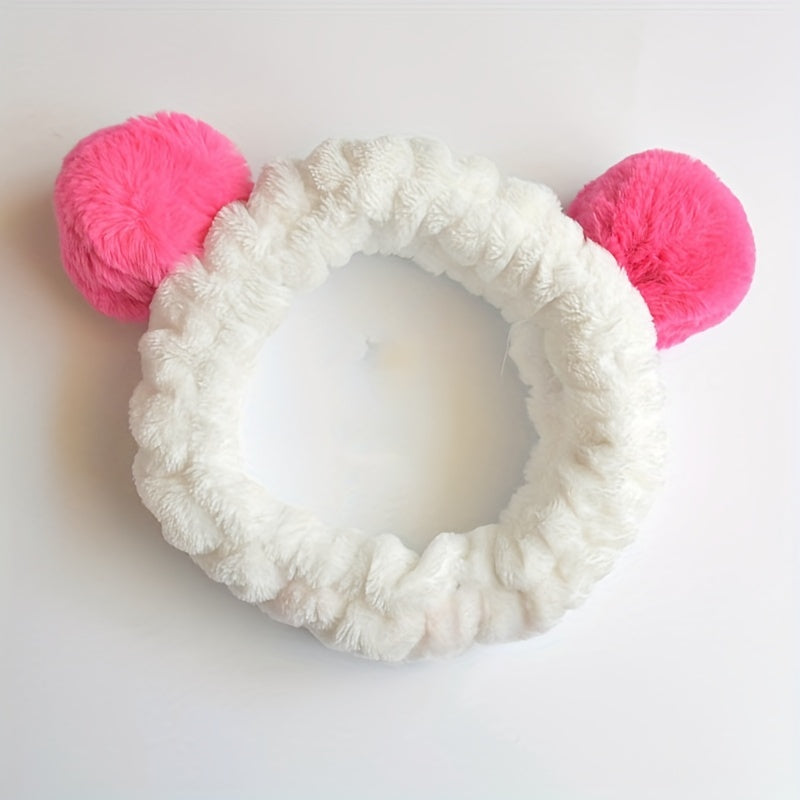 Pink Fur Ball Headband Face Wash Makeup Hairband Functional