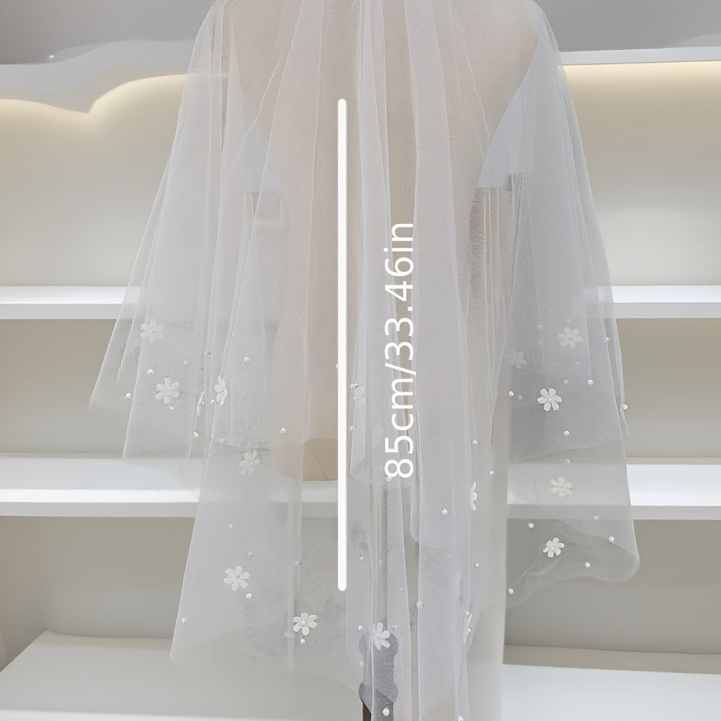 Hand Sewn Floral Pearl Bridal Veil Double Layer with Comb