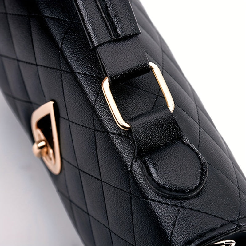 Argyle Quilted Handbag Faux Leather Flap Purse Buckle Decor Crossbody Bag