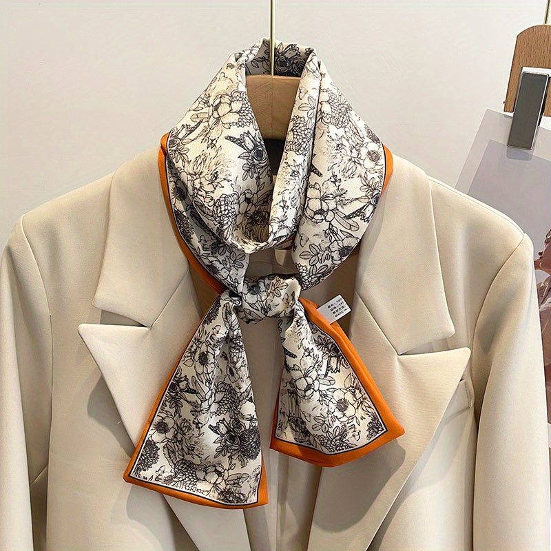Flower Print Long Scarf Satin Ribbon Neckerchief Classic Twilly Scarf