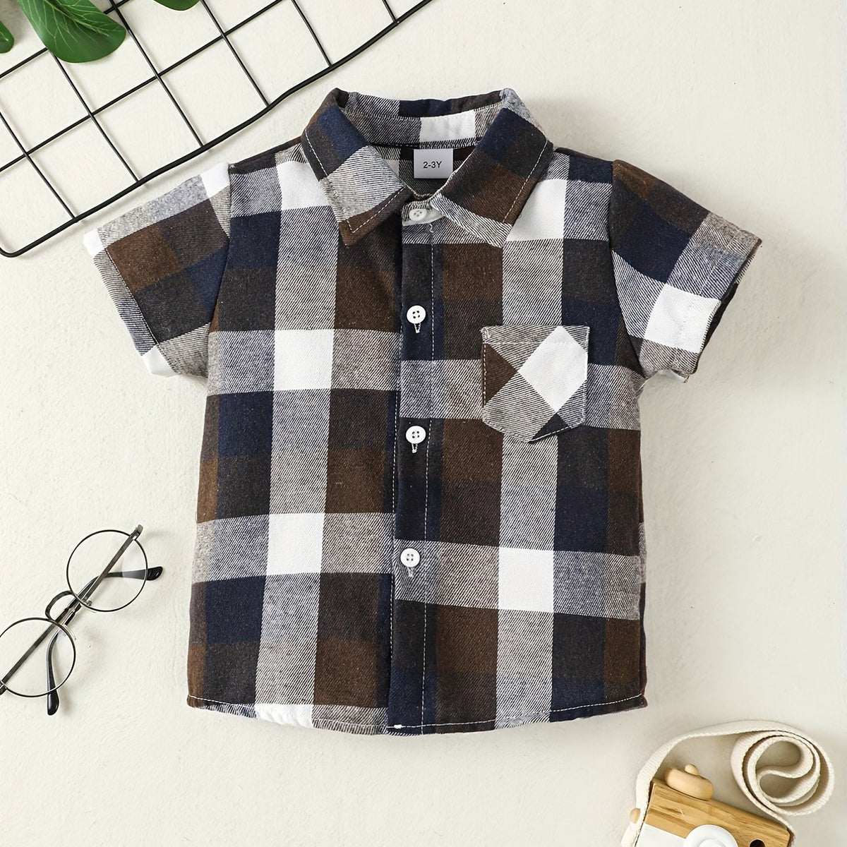 Boys Plaid Shirt Tops Short Sleeves Button Down Casual Summer Kids Clothes