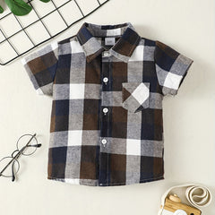 Boys Plaid Shirt Tops Short Sleeves Button Down Casual Summer Kids Clothes