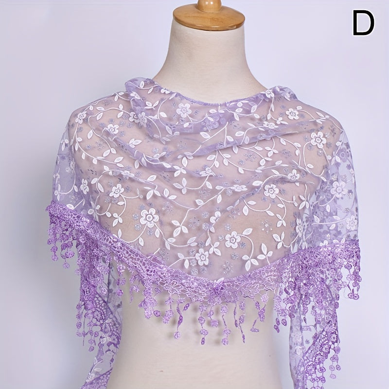 Lace Tassel Triangle Scarf Solid Flower Embroidery Shawl Mesh