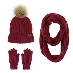 Winter Women's Fur Ball Knit Hat Scarf Gloves Set - Valentines
