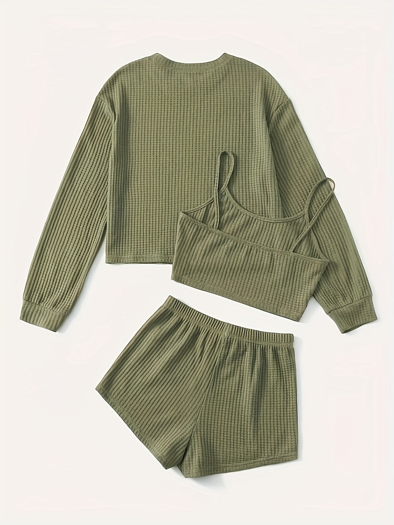Solid Waffle 3pc Set Crew Neck Long Sleeve Tops & Sleeveless Cami Top