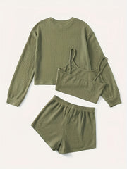Solid Waffle 3pc Set Crew Neck Long Sleeve Tops & Sleeveless Cami Top