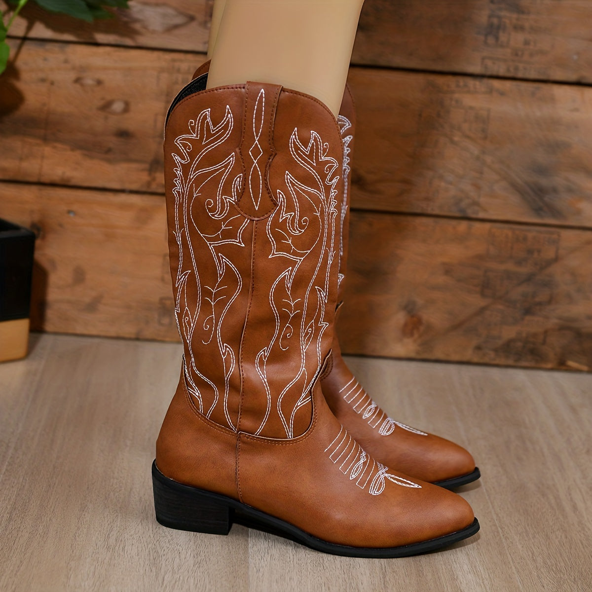Women's Embroidered Chelsea Boots Mid Calf Western Shoes