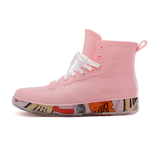 Pink Waterproof Lace-Up Platform Rain Boots for Women