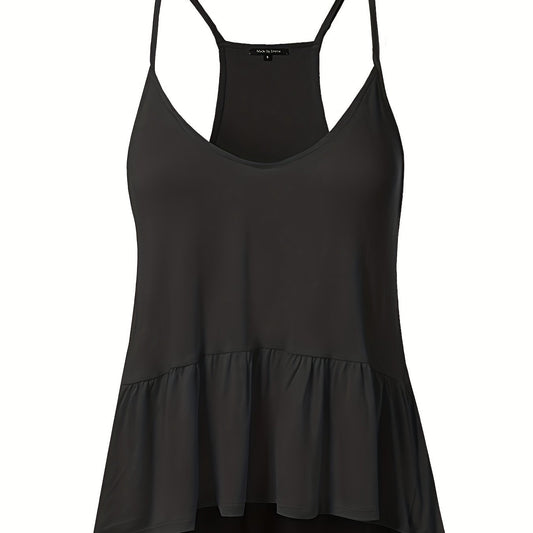  Casual Cami Top Women's Plus Solid Round Neck Ruffle Trim Tank Top