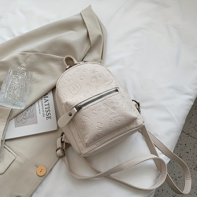 Cartoon Graffiti Embossed Backpack Zipper Solid Rucksack
