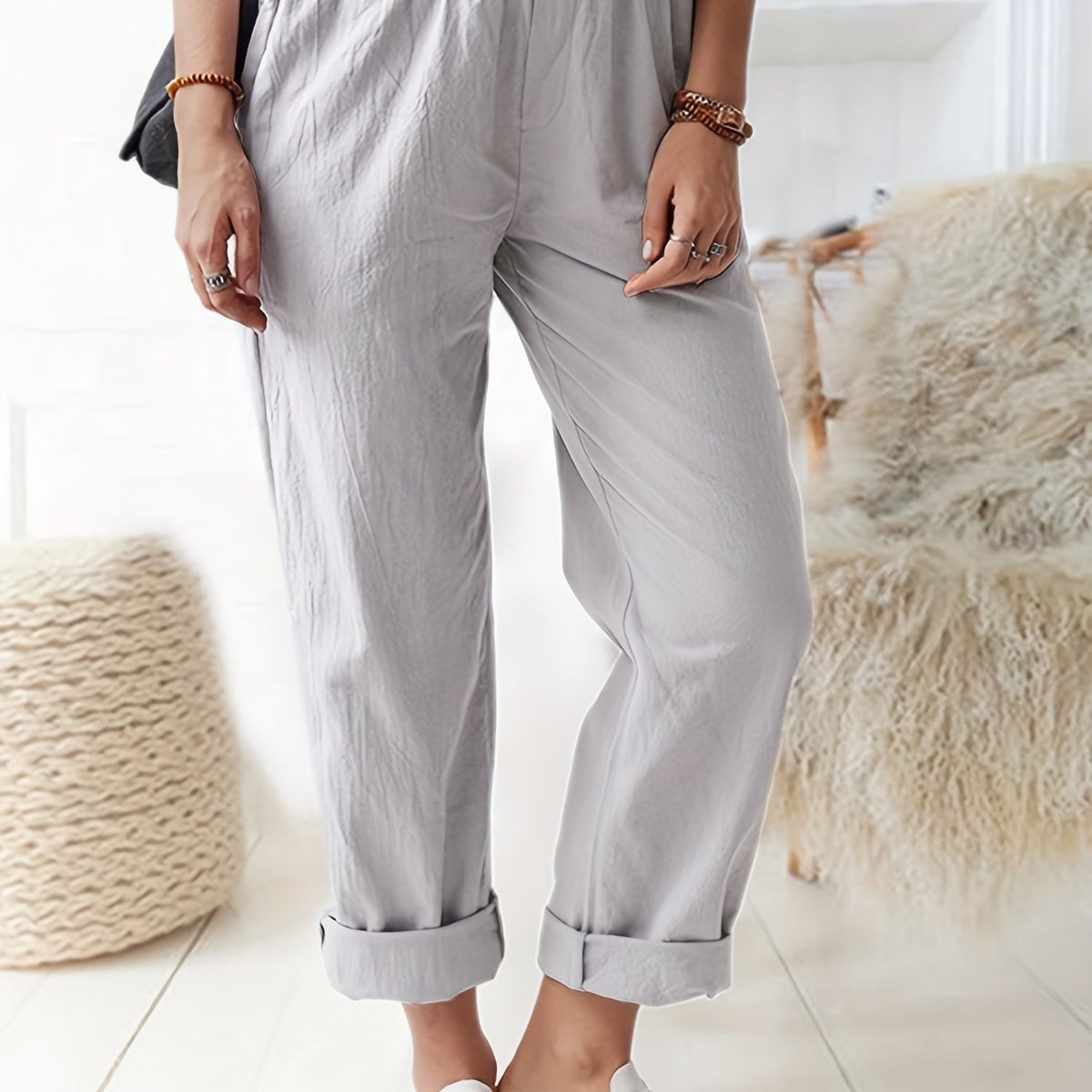  Solid Color High Rise Casual Pants with Pockets