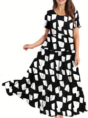 Geometric Print Short Sleeve Maxi Dress