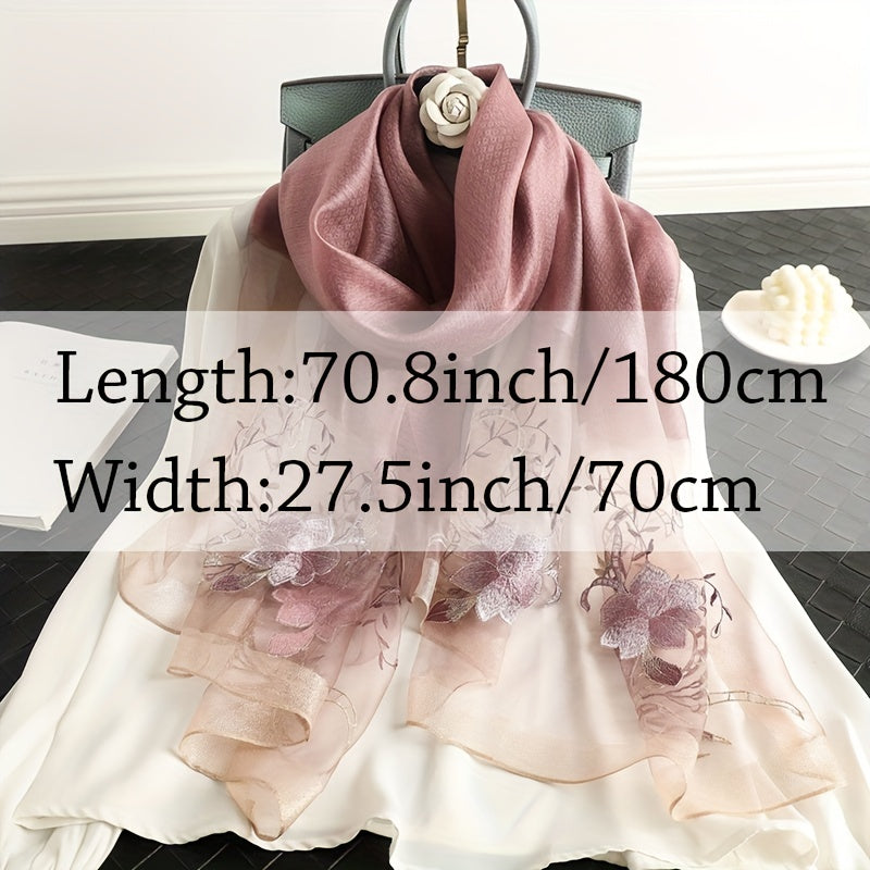 Flower Embroidery Silk Blend Scarf Solid Shawl Breathable Windproof Head Wrap
