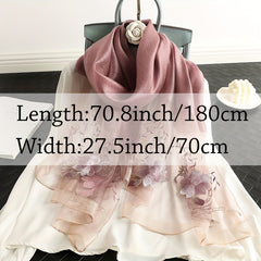 Flower Embroidery Silk Blend Scarf Solid Shawl Breathable Windproof Head Wrap