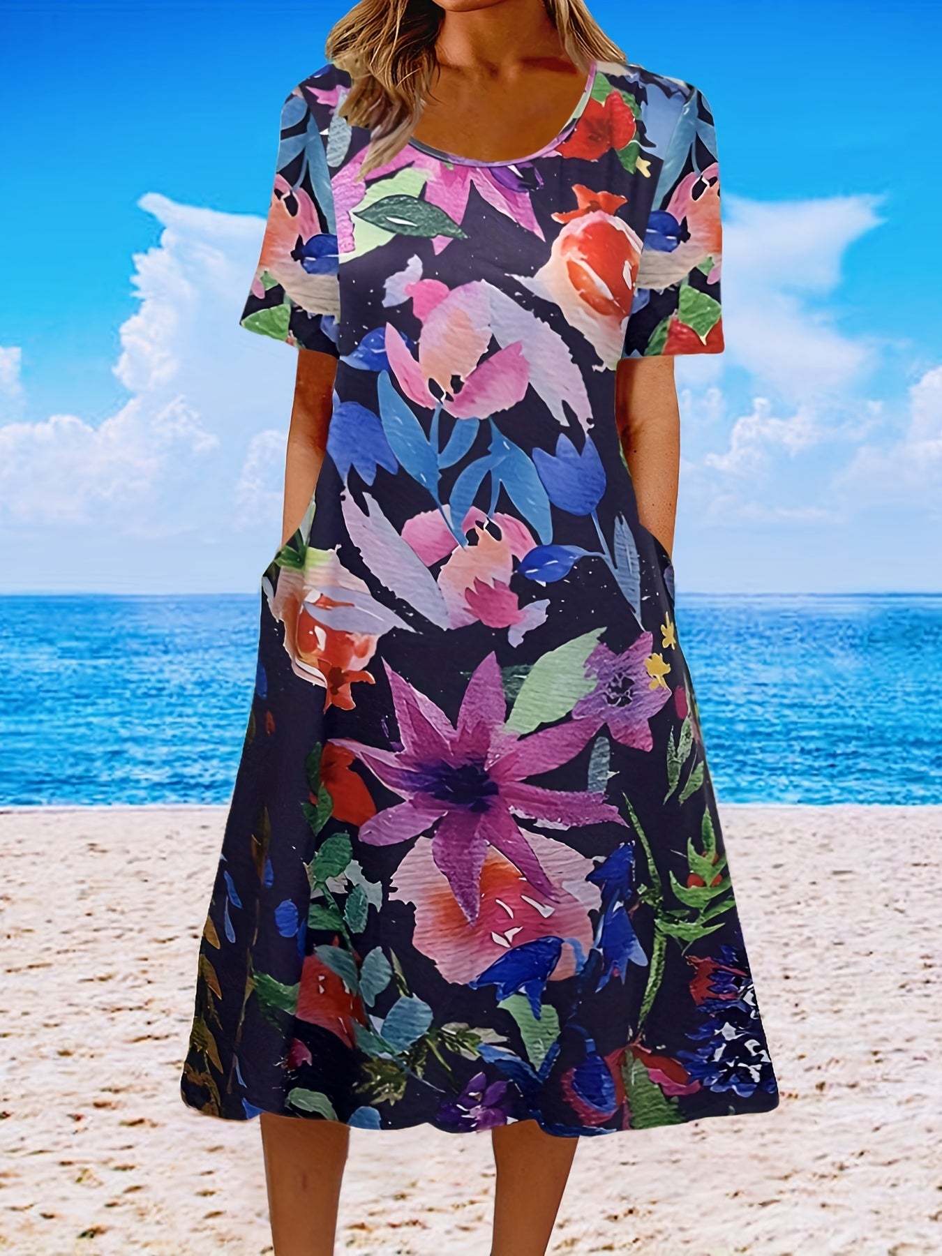  Floral Print Short Sleeve Tee Dress With Pockets
