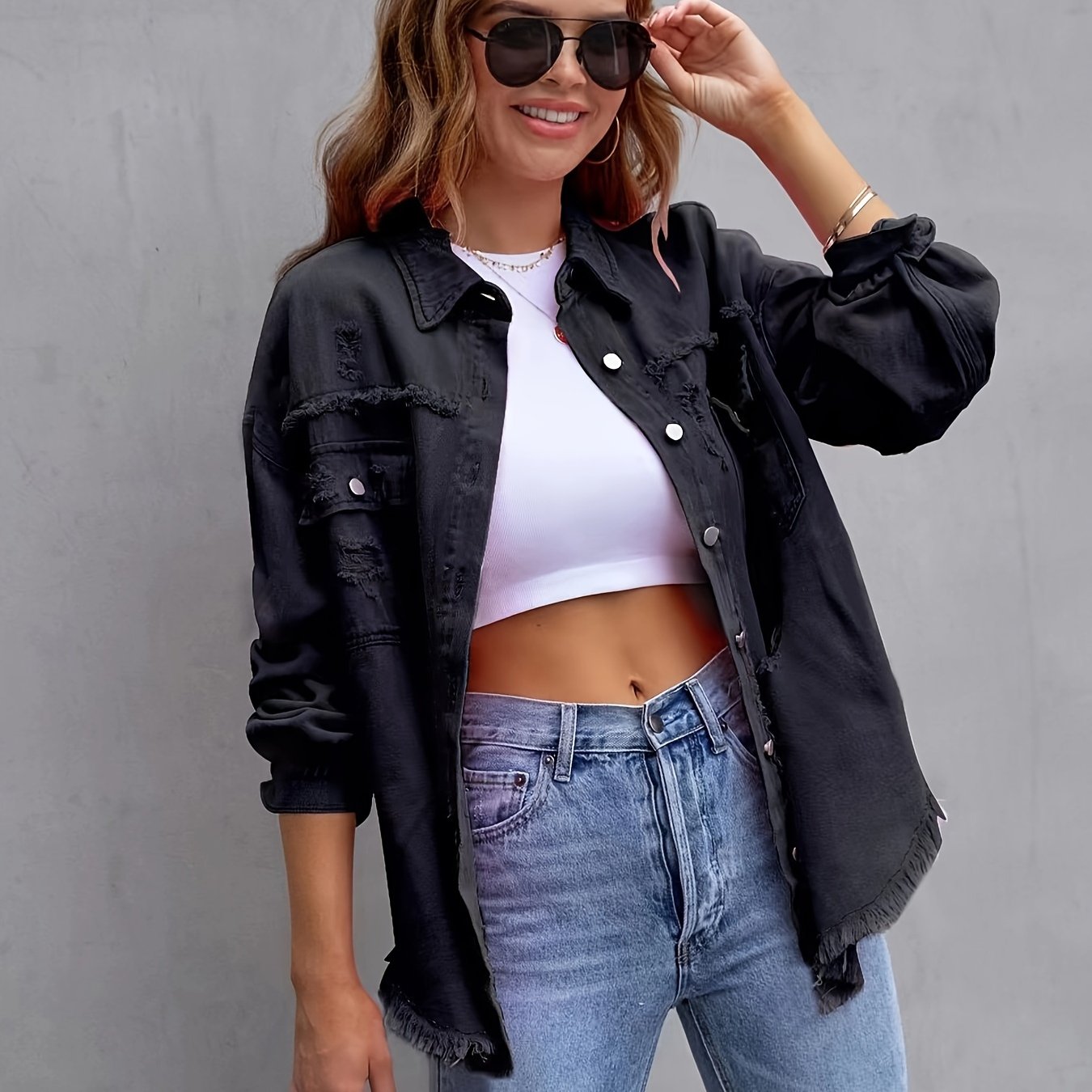  Solid Button Up Denim Jacket with Fringe Trim