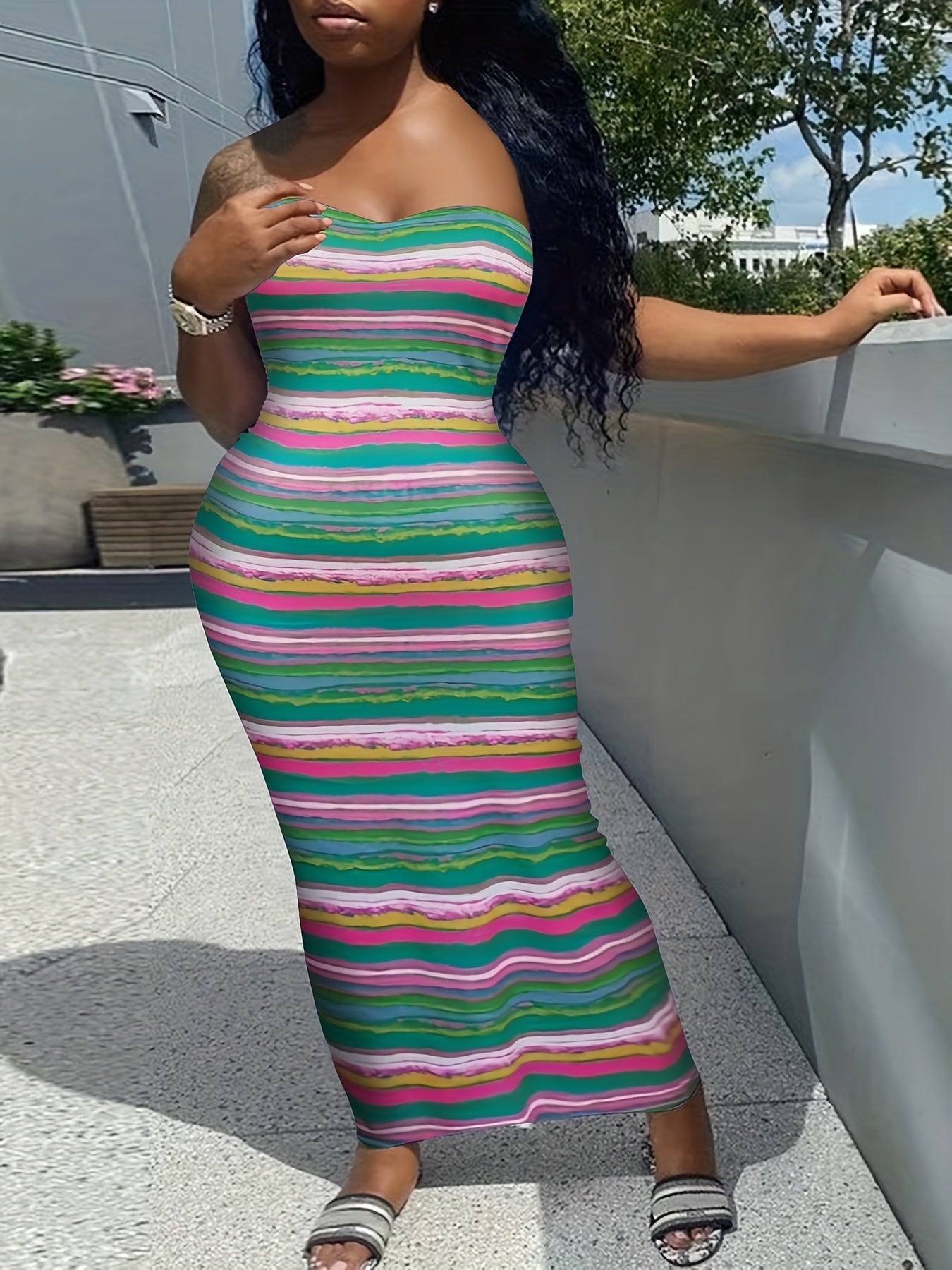  Colorblock Striped Stretch Midi Dress