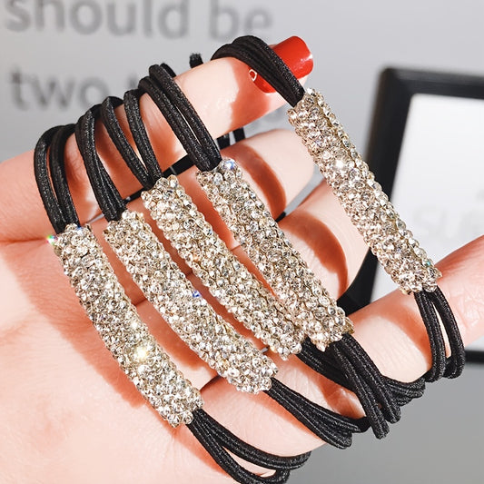 3pcs Rhinestone Hair Elastics Woven Stretchy Rubber Bands Ponytail Holder