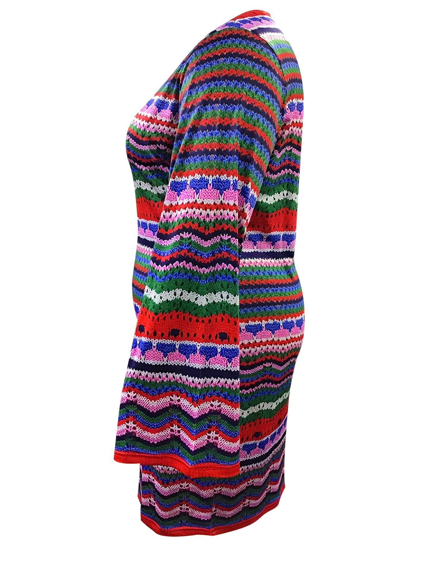  Colorblock Geo Print Long Sleeve Round Neck Dress