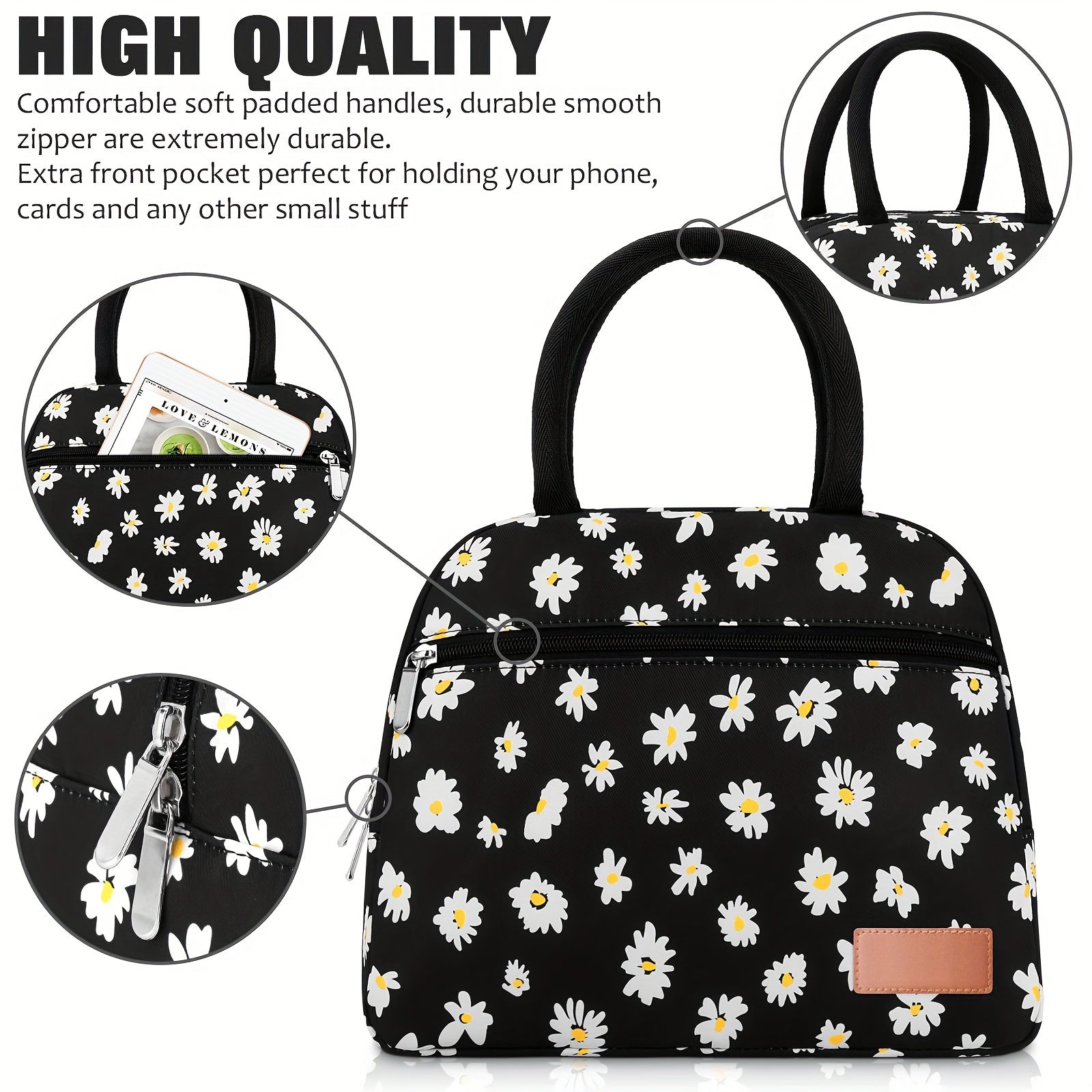 Leakproof Insulated Daisy Lunch Tote Bag for Work & Travel