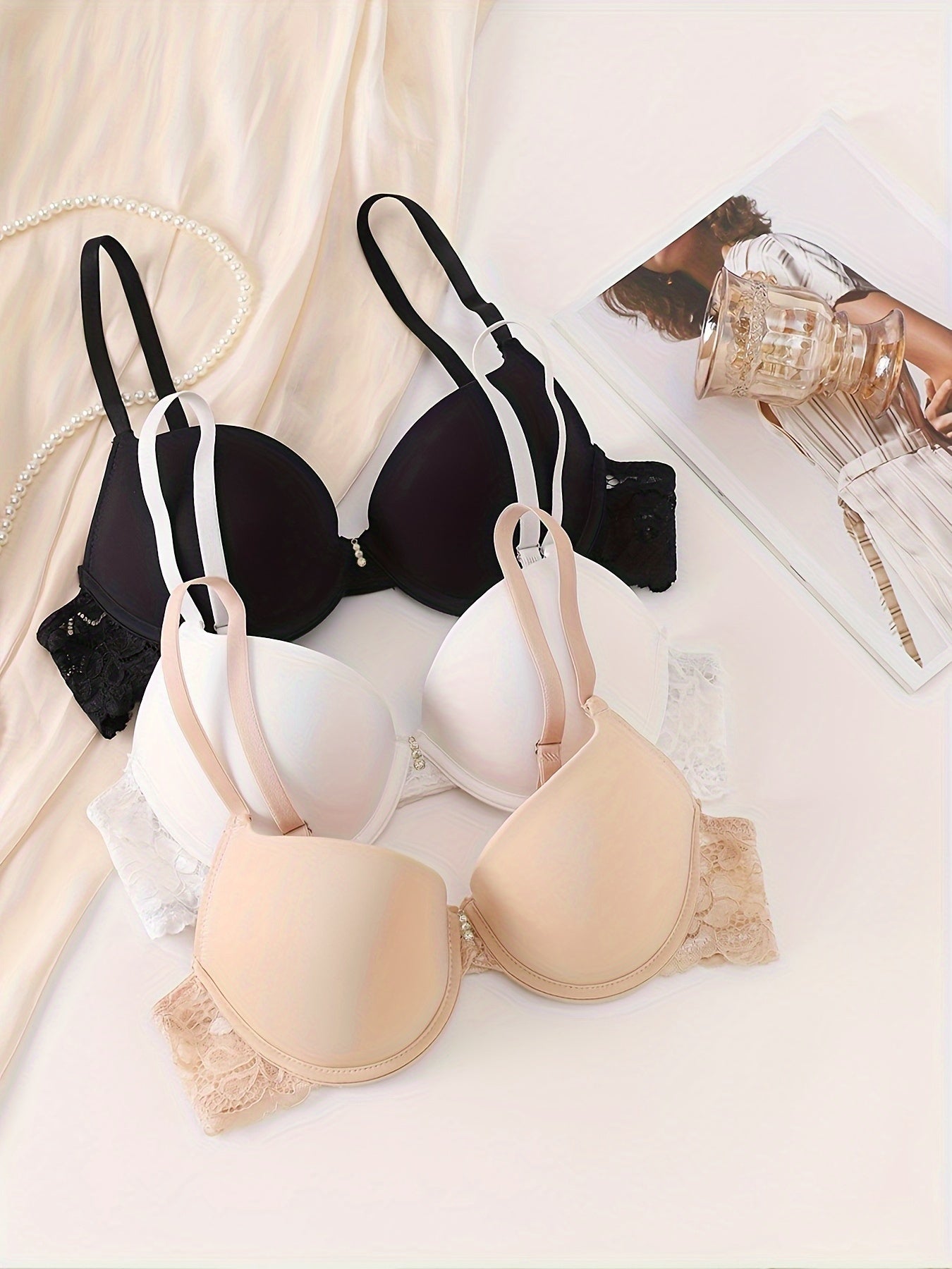 3pcs Lace T Shirt Push Up Bras Breathable Women's Lingerie