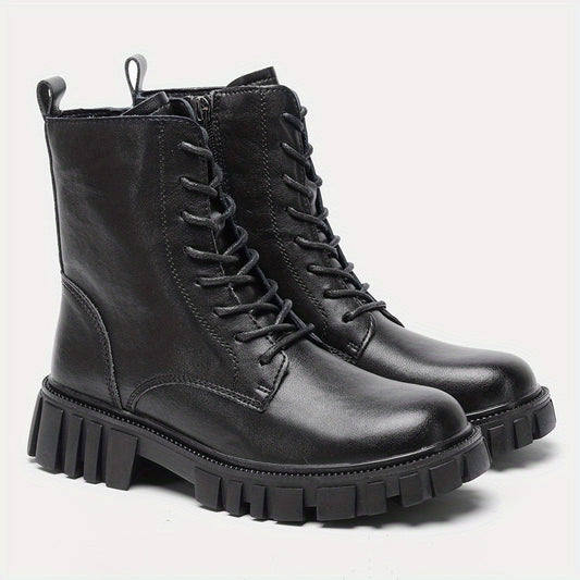 Women's Combat Boots Lace Up Chunky Heel Leather Side Zipper Boots