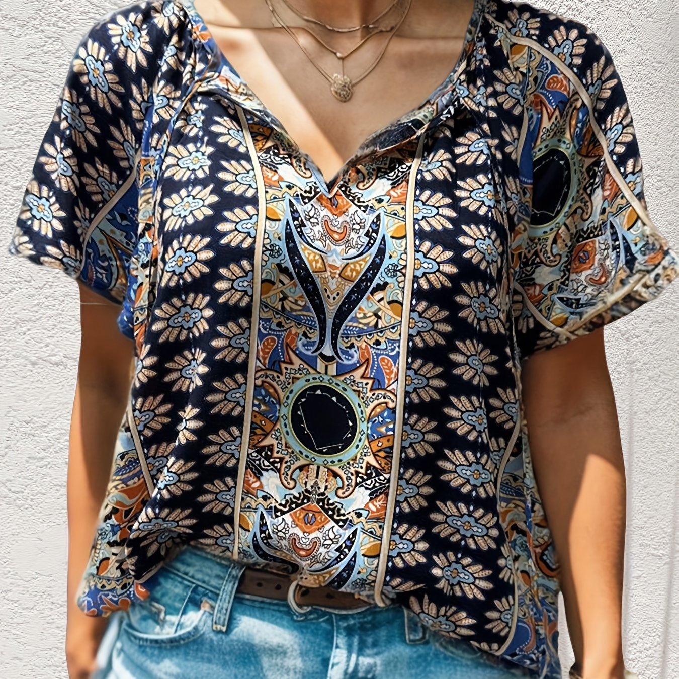  Women's Boho Floral Print Short Sleeve Blouse