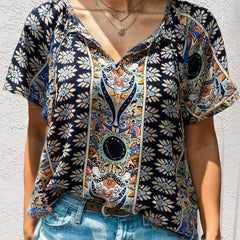  Women's Boho Floral Print Short Sleeve Blouse