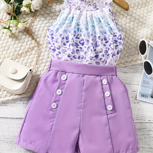 2pc Toddler Girls Leopard Halter Top & Shorts Set Kids Summer Clothes