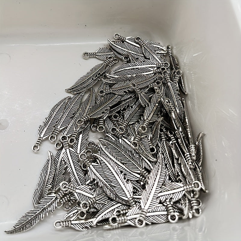 50pcs Double Sided Feather Charms Antique Silver Pendant