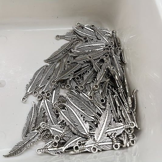 50pcs Double Sided Feather Charms Antique Silver Pendant