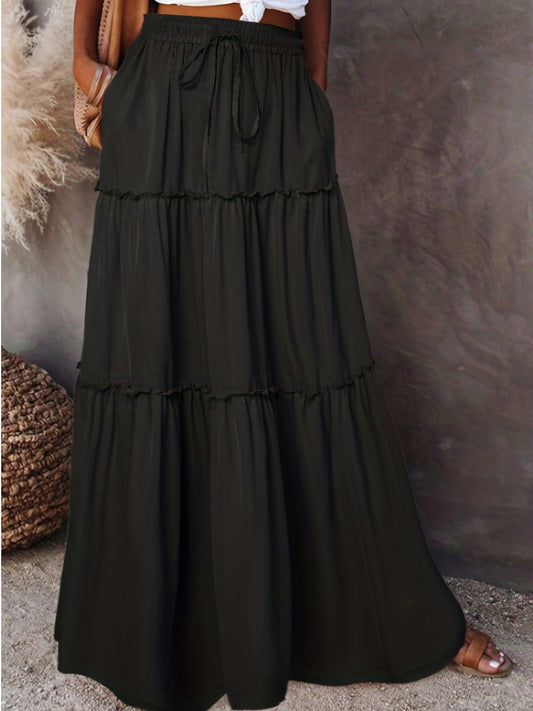  Solid Elastic Drawstring Maxi Skirt
