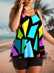  Retro Tankini Set Geometric Print Cami Top & Shorts Swimsuit